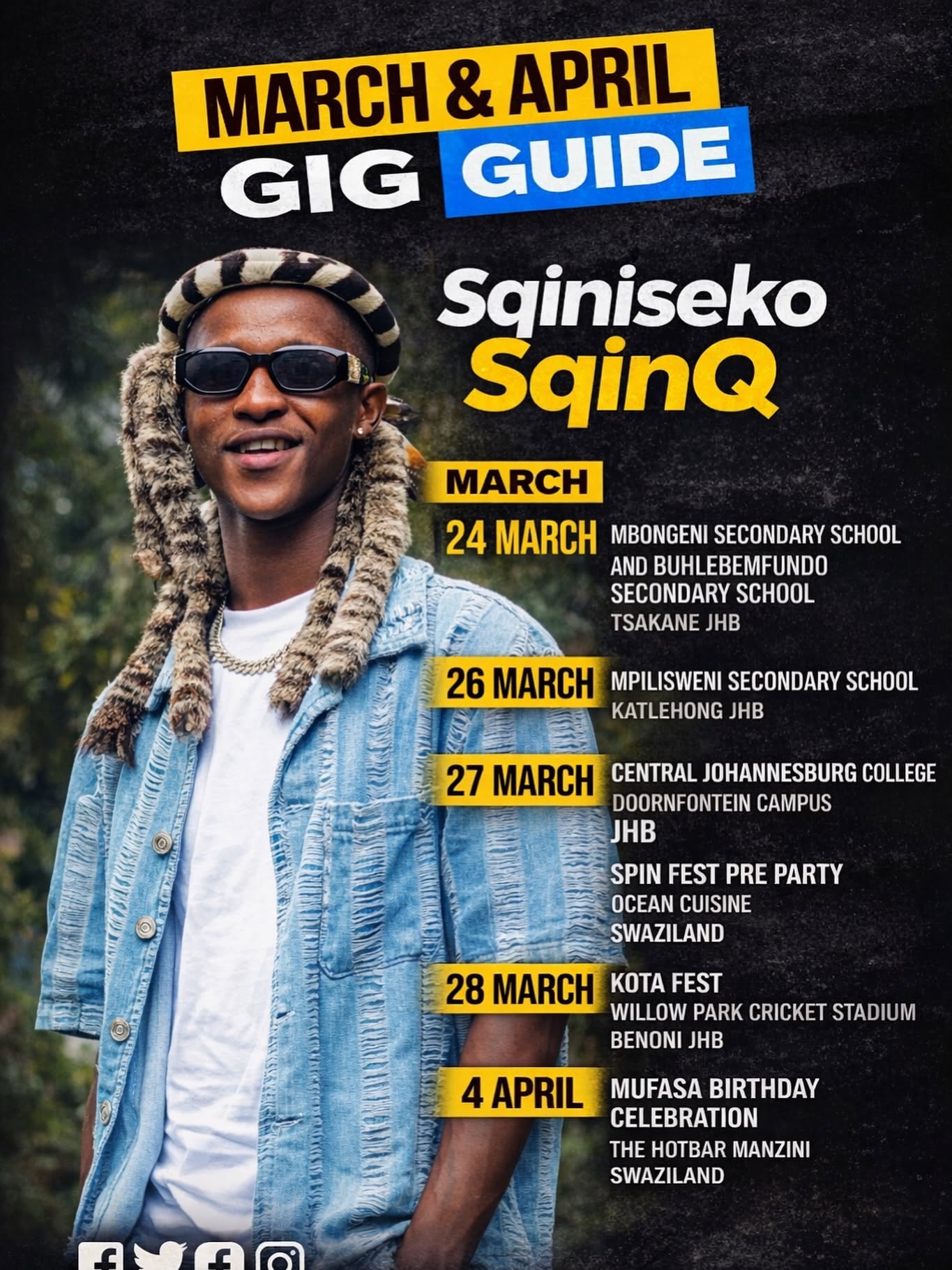 March & April Gig Guide event poster featuring Sqiniseko SqinQ