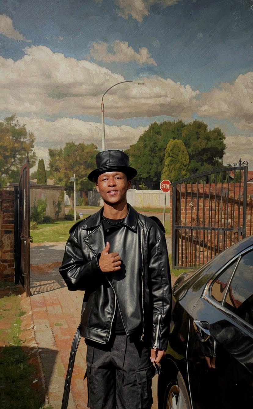 Sqiniseko SqinQ in a leather jacket beside a car